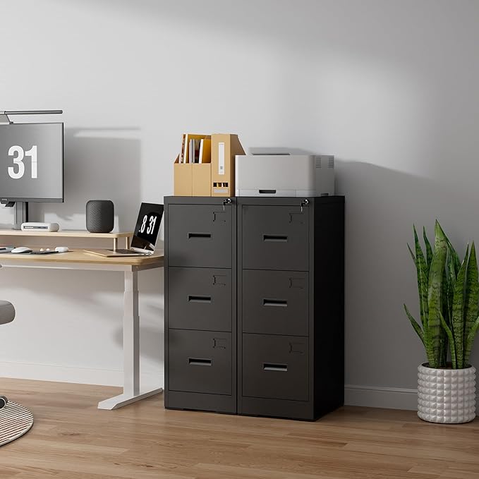 3 Drawer File Cabinet with Lock, Vertical Filing Cabinets for Home Office, Heavy Duty File Cabinet, Metal Storage Cabinets for Letter/Legal/A4/F4 Size Assembly Required, Black