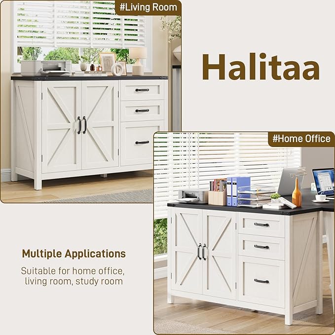 3 Drawer File Cabinet, Farmhouse Lateral Filing Cabinet with Doors for Letter/A4 Size Hanging Files, Large Wood Storage Cabinets Printer Stand with Adjustable Shelf for Home Office, White and Black