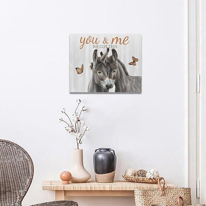yerretin Farmhouse Donkey Wall Art Country Love Pictures Wall Decor Rustic Animal Canvas Painting Home Decoration Artwork for Bathroom Bedroom Living Room Office Framed 20"x16"