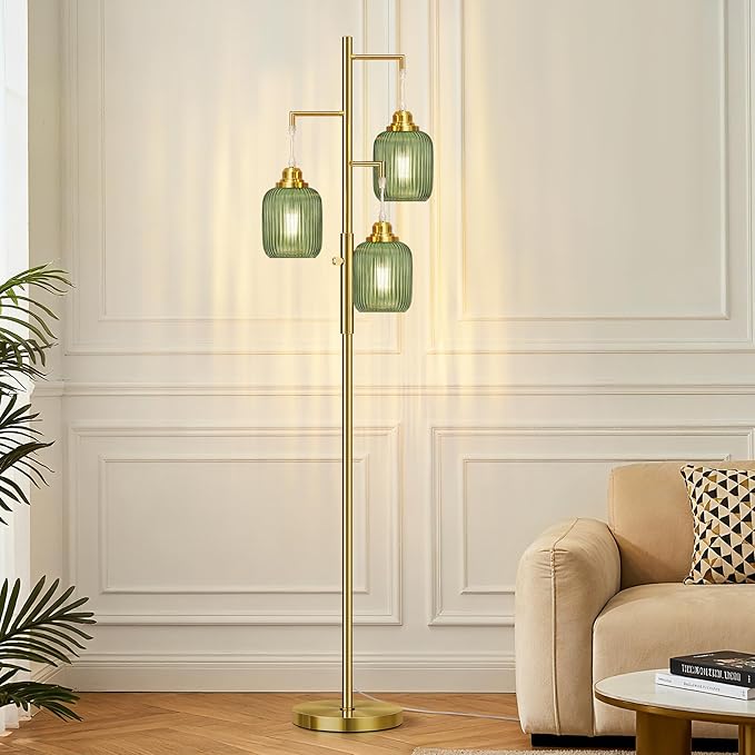 ROTTOGOON Dimmable Gold Floor Lamp for Living Room- 3 Light Green Glass Floor Lamps, Vintage Brass Tree Floor Lamps with 3X 6W LED Bulbs, Modern Standing Tall Lamp for Bedroom, 68", Gold & Green Glass