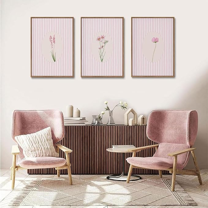 KISSFOX 3 Piece Framed Wall Art Botanical Wall Decor Pink Floral Pictures Wildflower Canvas Art Striped Minimalist Paintings Boho Artwork For Girly Room Bedroom Apartment Dorm Living Room