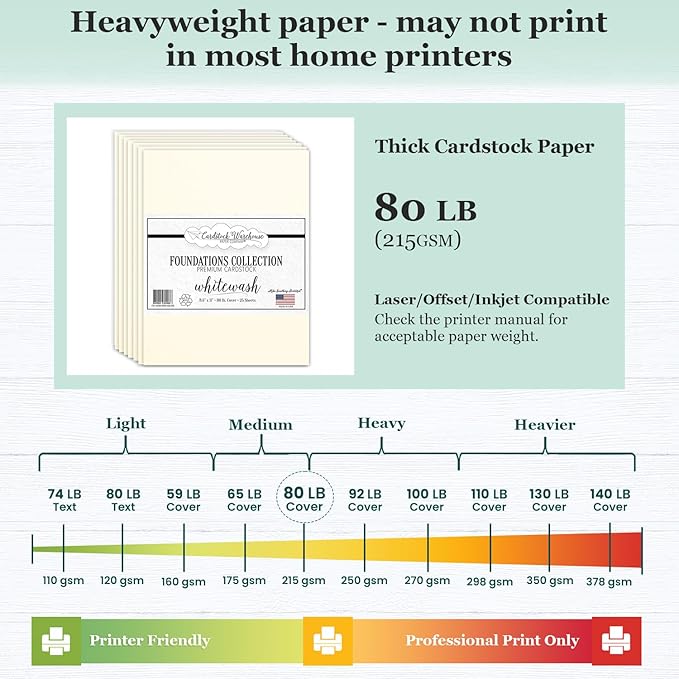 Cardstock Warehouse Foundations 100% Recycled Whitewash Cardstock Paper - 25 Sheets 8.5 x 11” 80 lb./215 GSM Premium Off-White Card stock for Die-cutting, Laser, Inkjet Printing, & DIY Projects
