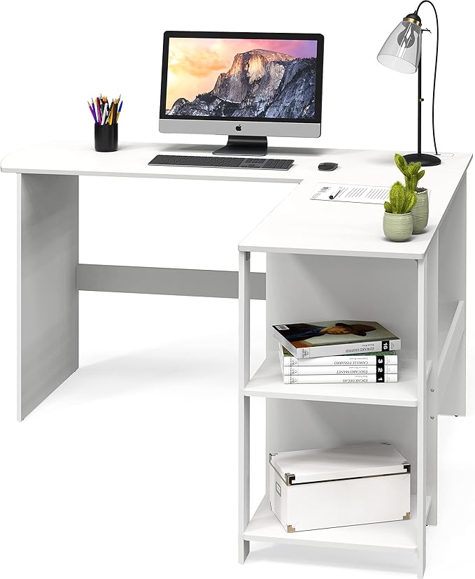SHW 51 x 51 Inches L-Shaped Home Office Wood Corner Desk wtih Storage, White