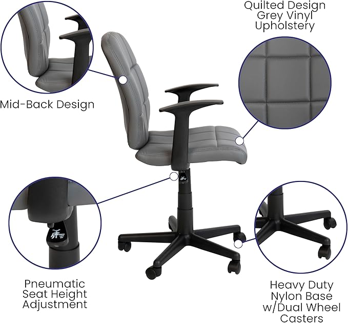 Flash Furniture Clayton Mid Back Swivel Task Chair with Arms - Gray Vinyl Upholstery - Tufted Back and 360° Swivel