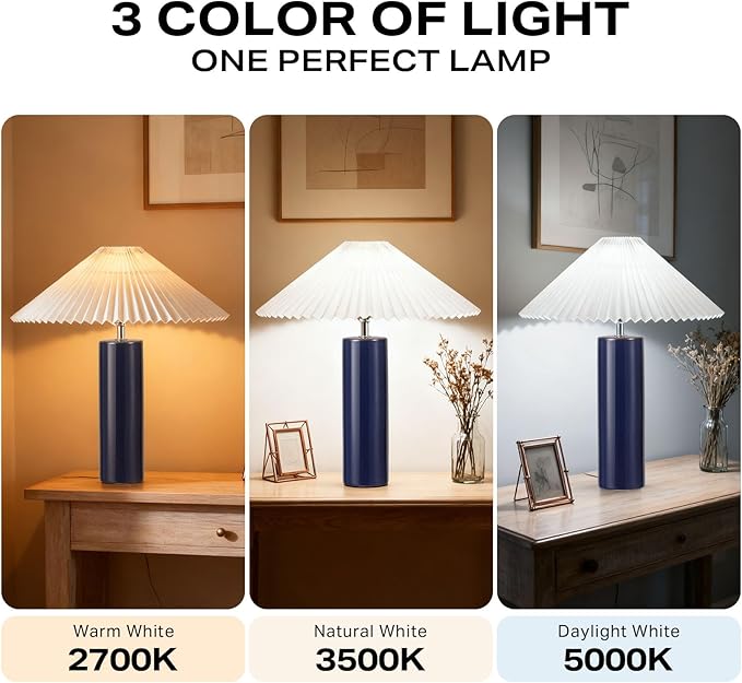 Ceramic Table Lamps for Bedroom Set of 2, Adjustable Shade Lamps for Night Stands, Modern Cylindrical Nightstand Table Lamps 5W E26 for Bedroom Bedside Buffet, Blue