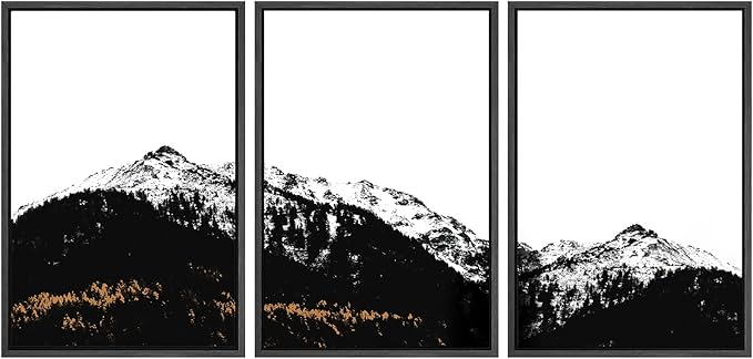 SIGNWIN 3 Piece Framed Canvas Wall Art Black and White Mountain Tops Photo Nature Wilderness Illustrations Abstract Traditional Home Artwork Decoration for Living Room,Bedroom - 24"x36"x3 Black