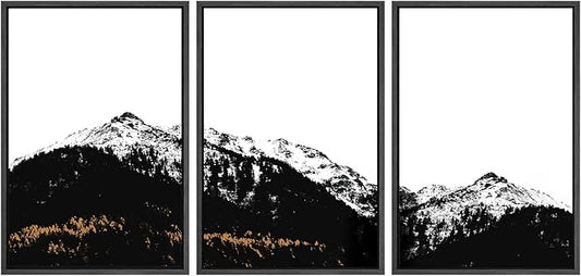SIGNWIN 3 Piece Framed Canvas Wall Art Black and White Mountain Tops Photo Nature Wilderness Illustrations Abstract Traditional Home Artwork Decoration for Living Room,Bedroom - 24"x36"x3 Black