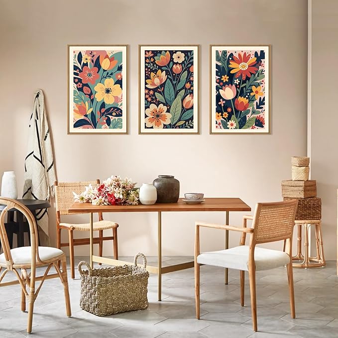 KAIRNE Vintage Colorful Floral Framed Canvas Wall Art Set of 3, Mid Century Modern Flower Wall Decor, Wildflower Plant Painting, Boho Botanical Art Prints for Living Room, Bedroom, Office, 24X36 Inch