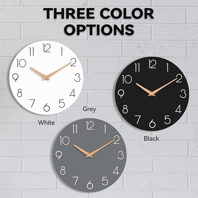 Wall Clock, 14 Inch Wooden Silent Non-Ticking, Decorative Battery Operated Wall Clocks for Bedroom, Kitchen, Home, Living Room, Office, School, Hotel (Black)