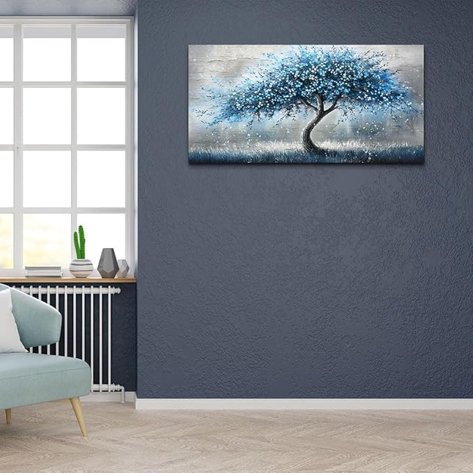 hyidecorart Large Panoramic Abstract Canvas Wall Art - Blue Tree of Life Pictures Painting, Modern Posters Artwork Ready to Hang, Wall Decor for Living Room Bedroom Office Home Decorations