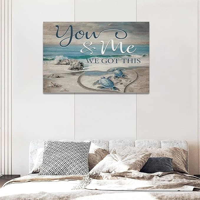 yerretin Beach Sea Turtle Bathroom Wall Art Ocean Turtle Pictures Wall Decor Coastal Nautical Seascape Canvas Painting Love Artwork Home Decoration for Bedroom Office Framed 24"x16"
