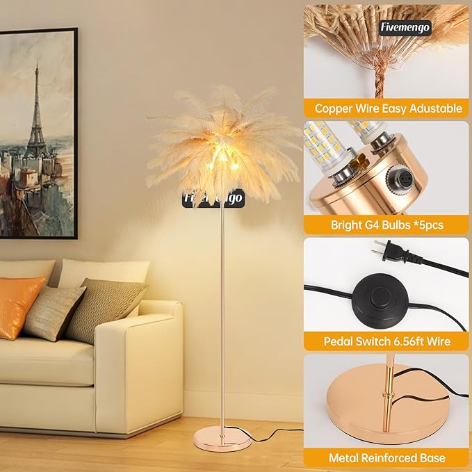 Feather Floor Lamp for Living Room, Fluffy Ostrich Feathers Lamp, Rose Gold Color Body, 3 Color Temperatures Modern Funky Arc Tall Standing Lamp for Bedroom Inclued Bright LED Bulbs (Khaki)