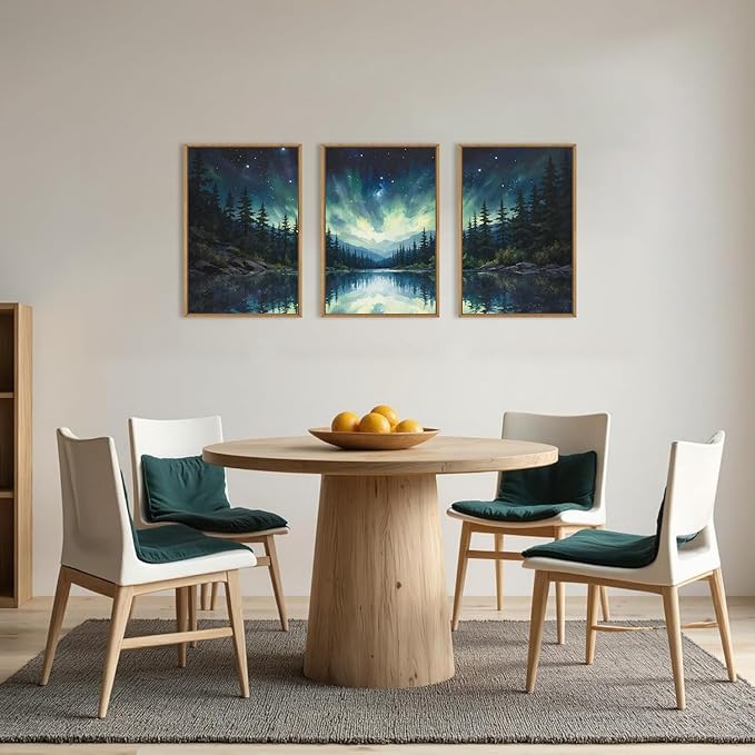 HOURIA Luminous Northern Lights Forest Lake Framed Canvas Wall Art Set,Starry Nordic Aurora Borealis Mountain Scenery Decor,Wilderness Pine Tree Reflection Artwork for Living Room,Farmhouse-24 x36 x3