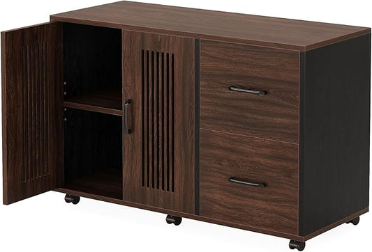 Tribesigns 2-Drawer Mobile File Cabinet, Lateral Filing Cabinet with Door Storage Cabinet and Wheel Casters, Wood File Cabinet for Home Office (Dark Walnut & Black, Only File Cabinet)