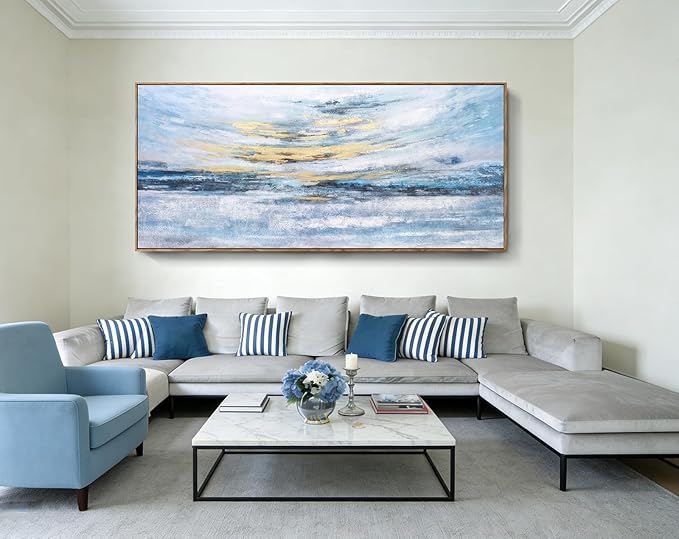 Nicetop 86x39 Extra Large Abstract Ocean Sunset Wall Art, Hand-Applied Gold Foil & Hand-Painted Texture, Serene Coastal Oil Painting, Natural Wood Frame, Modern Decor for Living Room Bedroom Office