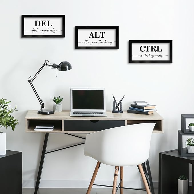 Pinetree Art Motivational Wall Art for Office Decor, CTRL ALT DEL Framed Inspirational Positive Quotes Canvas Print (black, 6"x12"x3)