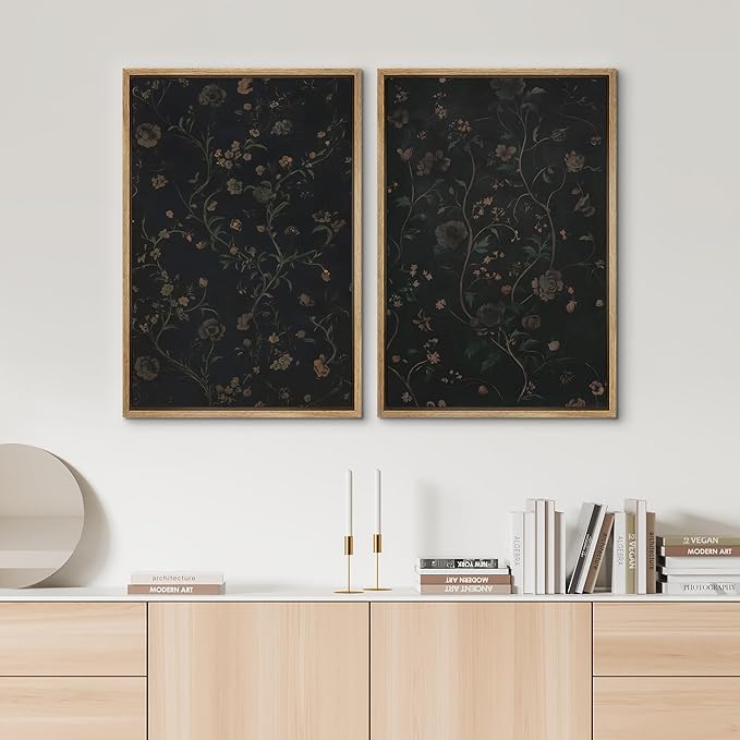 SIGNWIN Framed Canvas Print Wall Art Set Dark Vintage Floral Moody Botanical Modern Art Minimal Boho Relax/Calm for Living Room, Bedroom, Office - 24"x36"x2 Natural