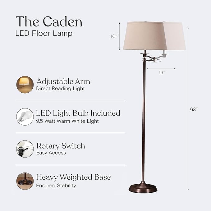 Brightech Caden LED Floor lamp, Great Living Room Décor, Tall Lamp With Swing Arm, Classic Lamp for Living Rooms & Offices, Industrial Standing Lamp for Bedroom Reading - Bronze