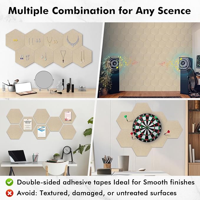 8-Pack Hexagon Felt Cork Board, 1/2" Thick Felt Bulletin Pinboard with 80 Push Pins, Adhesive Tabs, Geometric Cork Wall Tiles for Photos, Memos, Home & Office Decor (Beige)