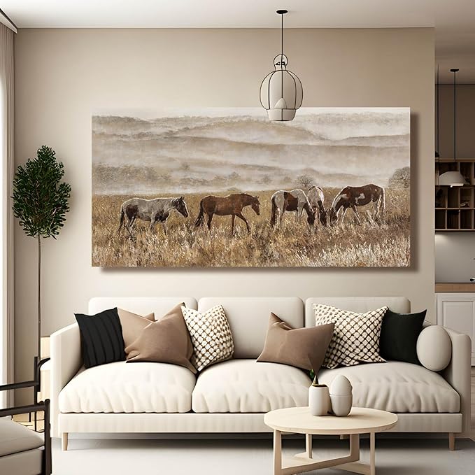 VAYIMDH Canvas Wall Art for Living Room Horse Wall Decor Animal Prints Pictures Grassland Artwork Paintings Brown Pictures 24"x48"