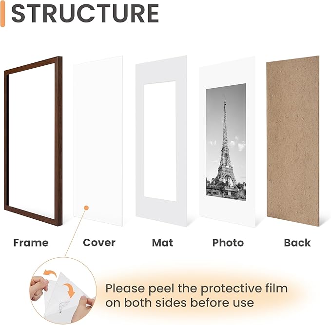 upsimples 12x16 Picture Frame Set of 5, Display Pictures 8.5x11 with Mat or 12 x 16 Without, Wall Gallery Poster Frames, Brown
