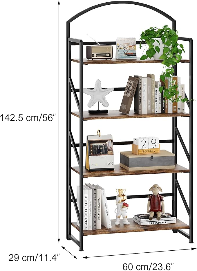 BHG Arched Bookshelf 4 Tier Shelf Storage Organizer Bookcase,No Assembly Folding Book Shelf for Living Room,Bedroom Home Office Rack Bookhelves