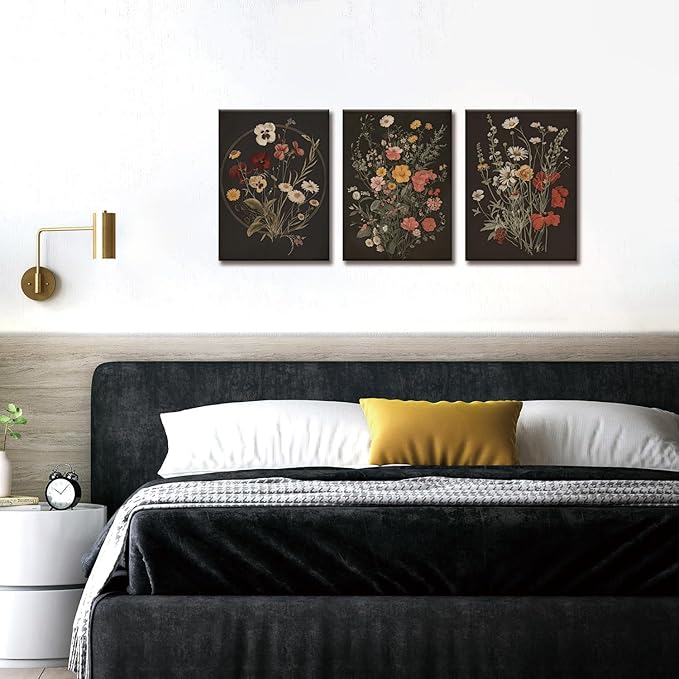 TUEASKY 3 Piece Canvas Wall Art Wildflower Wall Decor Botanical Pictures Floral Paintings Moody Framed Art Vintage Prints Dark Artwork