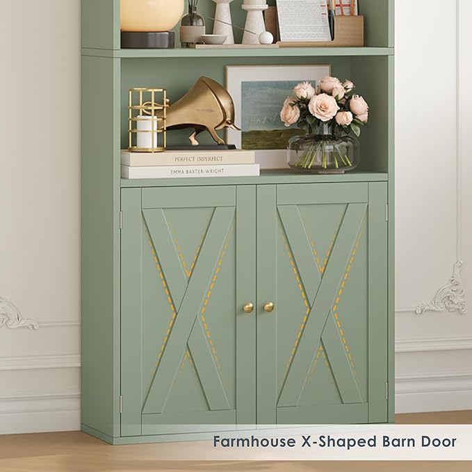 FACBOTALL 82" Tall Bookcase and Book Shelf, 24" Wide Bookshelf with Doors, 7 Tier Bookcase with Storage and Adjustable Shelf, Open and Display Farmhouse Bookshelf for Living Room, Home Office, Green