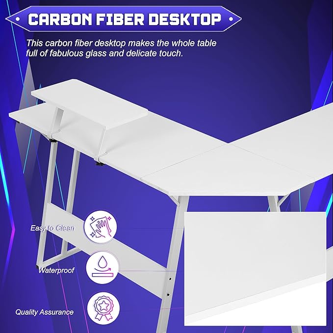 NChanmar L Shaped Gaming Desk with Monitor Riser Stand, Home Office Corner Desk for Studying, Working and Gaming, Large Desktop, White