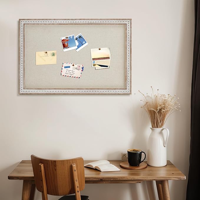 Vintage Framed Pin Board Linen Display Bulletin Board Large Cork Fabric Picture Photo Pinboard Memo Ornate Decorative Pinboard Ornate for Wall Gift(Rectangle,24" X 36",Retro White)
