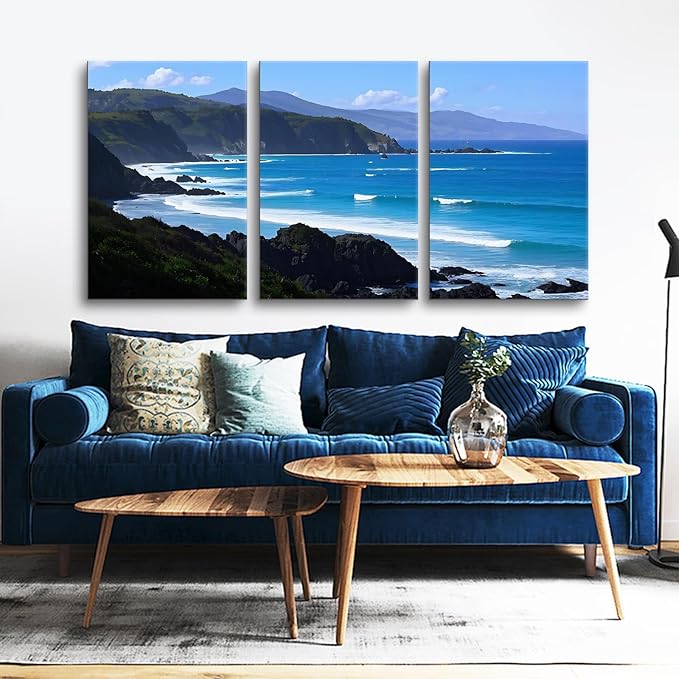 Ocean Scenery Wall Art Beautiful Coastline Landscape Canvas Poster Print Summer Natural Scenery Picture Painting for Modern Home Hotel Wall Decoration Stretched and Framed [72''Wx36''H]