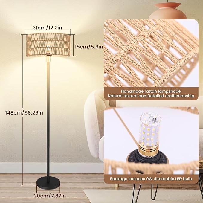 Cordless Rattan Floor Lamp with 3 Color Temperature, Dimmable Rechargeable Farmhouse Floor Lamp with Pull Cord Switch, Boho Tall Standing for Living Room, Includes 2 Bulbs