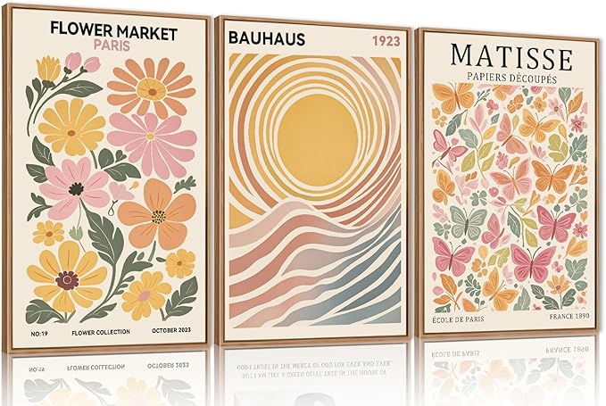 Boho Flower Market Framed Canvas Wall Art Set, Matisse Floral Wall Decor, Abstract Botanical Wall Painting, Nature Floral Illustration Art Prints for Living Room, Bedroom, Office 16"X24"X3