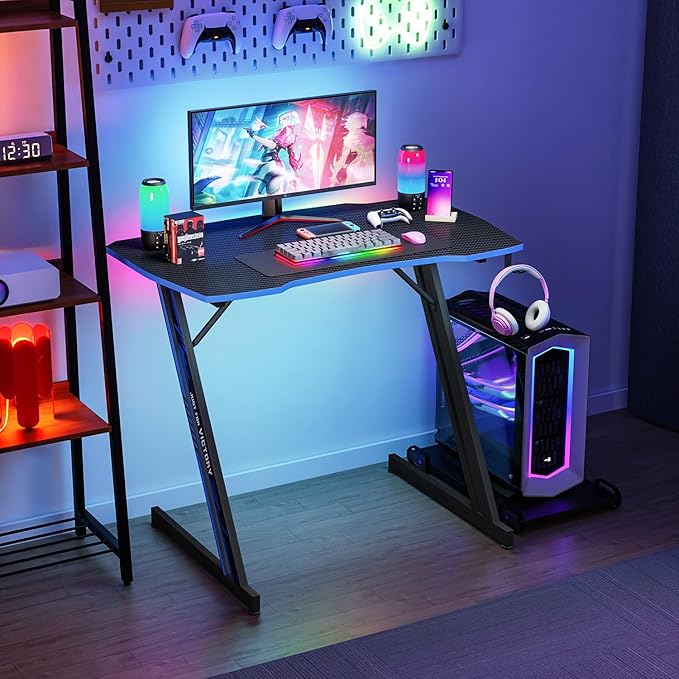 PayLessHere | 35" Gaming Table | Blue | Z-Shaped Computer Desk with Steel Frame, Headphone Hook, Adjustable Feet | Carbon Fiber Texture Surface, Sweat & Waterproof | for Gaming, Home Office