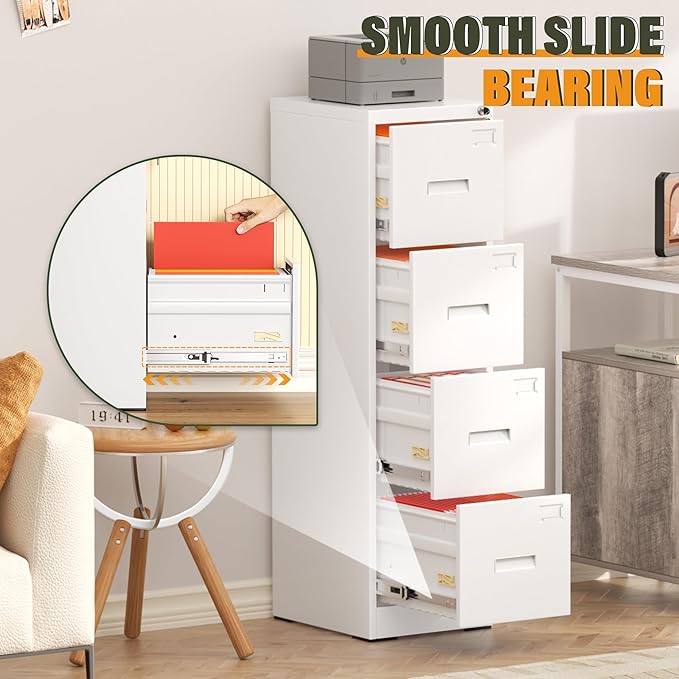 Greenvelly 4 Drawer File Cabinet with Lock, Metal Filing Cabinet for Home Office, Locking Vertical File Cabinet, 18" D File Cabinets for Home Office, Easy Assemble (White)