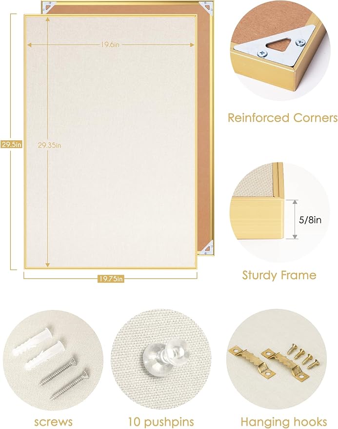 Bulletin Board 30 x 20 inches, Oatmeal White Pin Board Vision Board, Golden Aluminum Framed Fabric Cork Board with 10 Push Pins