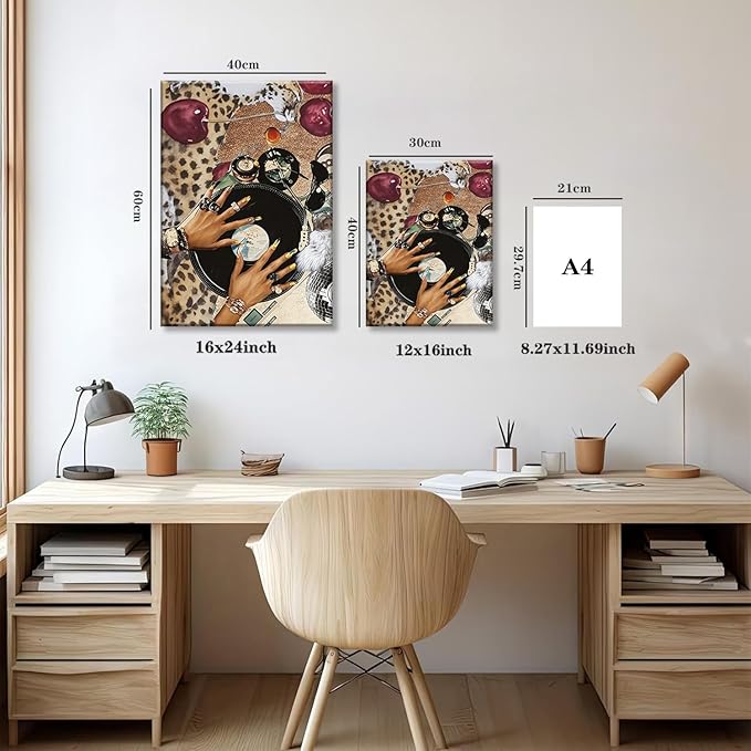 TUEASKY 3 Piece Canvas Wall Art Cheetah Wall Decor Y2K Pictures Vinyl Record Paintings Leopard Prints Lucky 8 Ball Artwork for Bedroom Game Room Bar Party