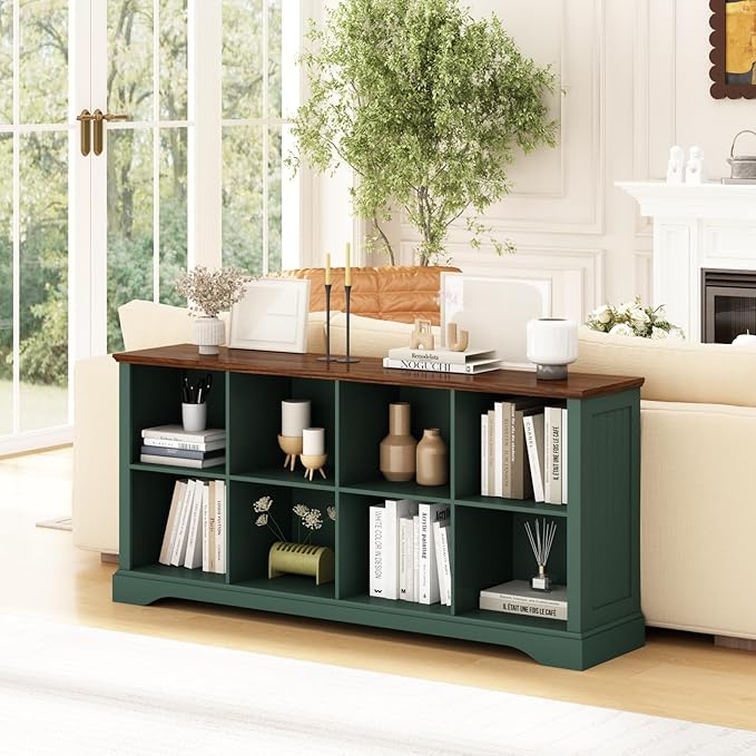 8 Cube Storage Organizer - 62" Long Farmhouse Wood Low Bookshelf, Horizontal Open Shelf Bookcase Cubby Storage Console Cabinet for Living Room, Entryway, Office, Green