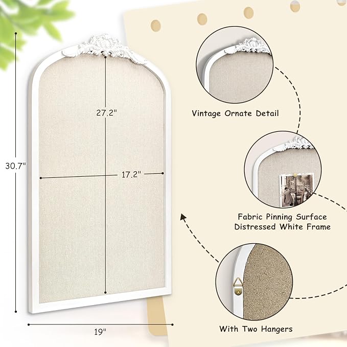 Bulletin Board with Linen, Vintage Arch Framed Pin Board – 19 x 31 White Cork Board for Walls, White Pine Wood Frame, Fabric Pinboard, Vision Board for School, Home & Office