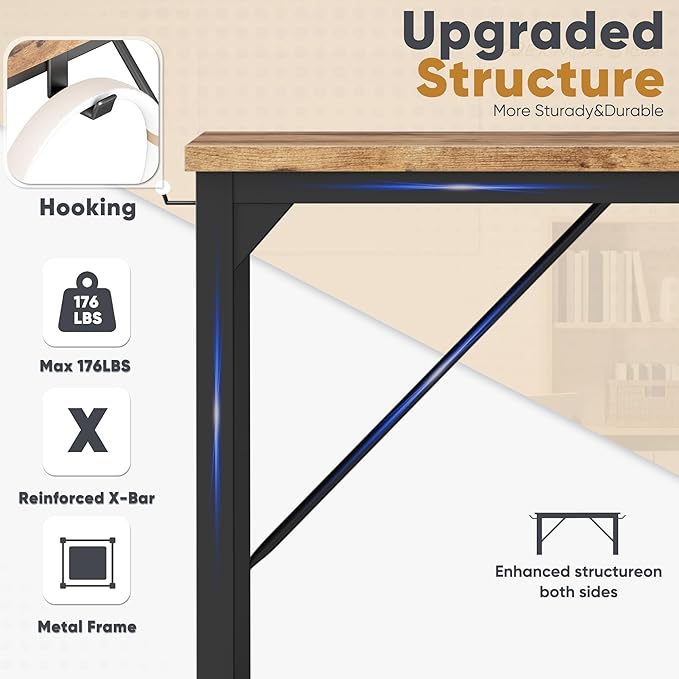 Shahoo Computer Desk, 40 Inch Office Writing Work Table, with Storage Bag and Hook, for Home, Study, Rustic Brown