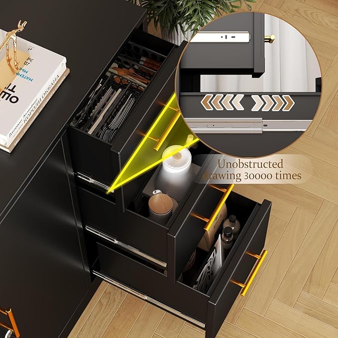 Lateral File Cabinet with 3 Drawers, Metal Storage Cabinet with Lock, Black Sideboard Buffet, Multi-Functional Accent Cabinets for Home Office Living Room Entryway