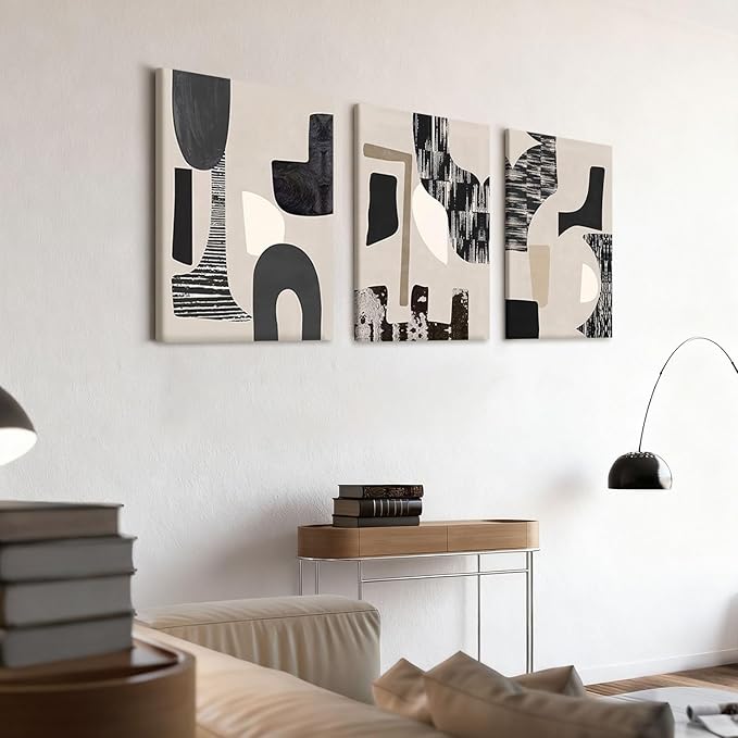 NCCXNCC 3Pcs Black and Beige Abstract Canvas Wall Art Bohemian Living Room Wall Decor Paintings Modern Geometric Posters Print Neutral Minimalist Artwork Pictures Bedroom Office Decor 12x16 Inch