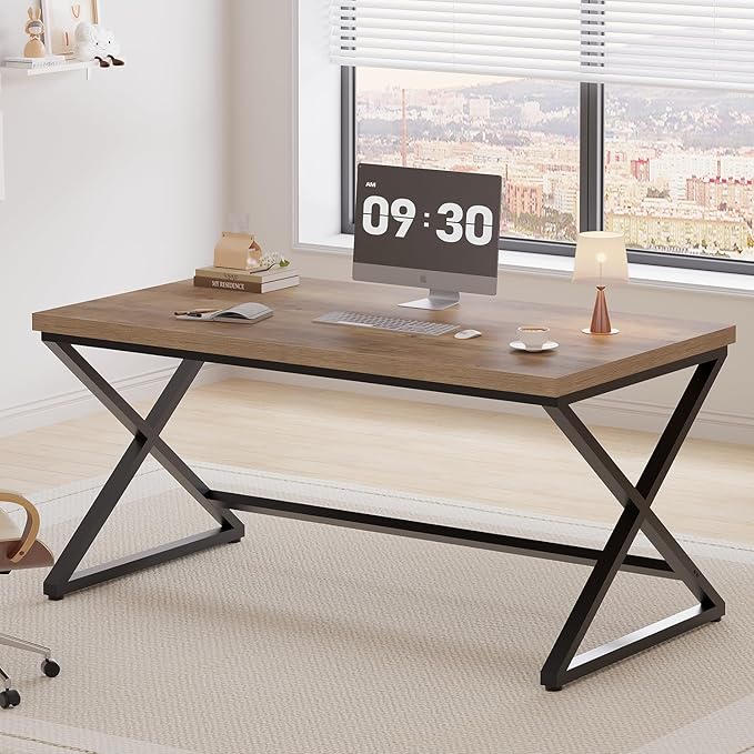 IBF Rustic Computer Desk, Modern Metal Home Office Desk, Farmhouse Work Study Writing Desk in Bedroom, Minimalist Wood Laptop Executive Workstation Computer PC Gaming Table, Rustic Oak, 55 in
