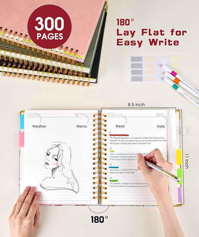 Hardcover Spiral Notebook 8.5"x11" Journal with Removable Dividers Tabs, 300 Pages 5 Subject Notebook College Ruled, Large A4 Notebooks for Work School, Journal for Women, A4 Flower White