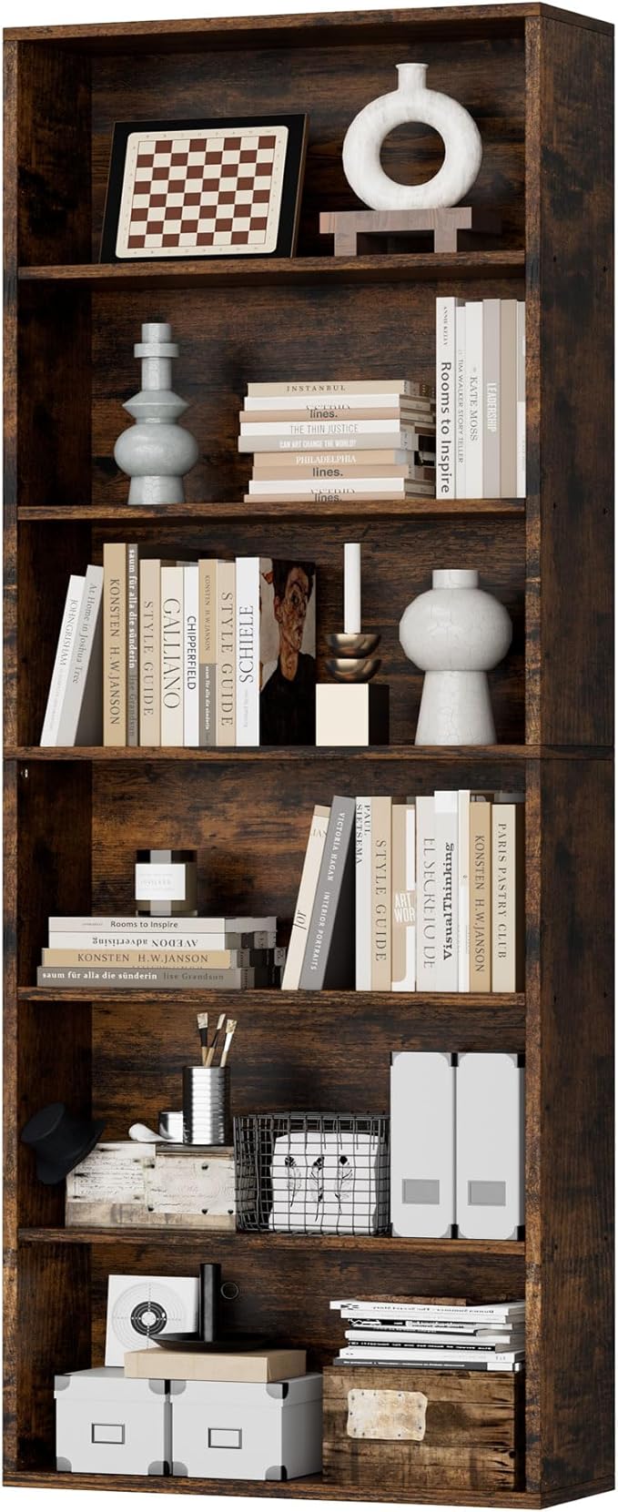 JAMFLY Narrow Tall Bookshelf 6 Shelf Bookcase Vertical Storage, Slim Profile Tall Narrow Storage Unit for Home Office, Living Room, Bedroom, Vintage Brown