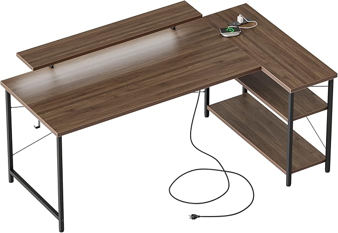 Mericonia Small L Shaped Computer Desk with Power Outlets, Reversible Gaming Desk with Storage Shelves & Monitor Stand, Corner Gamer Desk Table, Study Writing Table