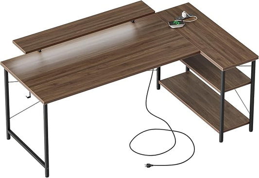 Mericonia Small L Shaped Computer Desk with Power Outlets, Reversible Gaming Desk with Storage Shelves & Monitor Stand, Corner Gamer Desk Table, Study Writing Table
