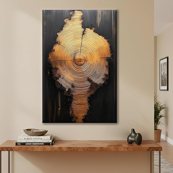 IBHJSART Framed Tree Ring Canvas Wall Art Black And Gold Wall Art Prints Modern Minimalist Pictures Neutral Nature Rustic Farmhouse Decor Living Room Bedroom Bathroom Office.