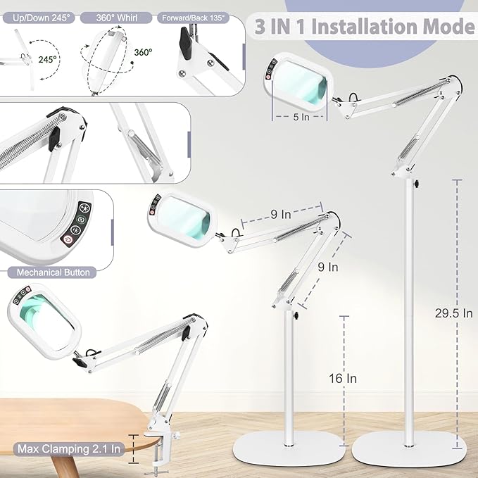 10X Rectangle Magnifying Glass with Light and stand, 5*3 Inch Real Glass 5 Color Modes Stepless Dimmable LED Floor Lamp, 3-in-1 Large Lighted Magnifier for Reading Painting Craft Close Work - White