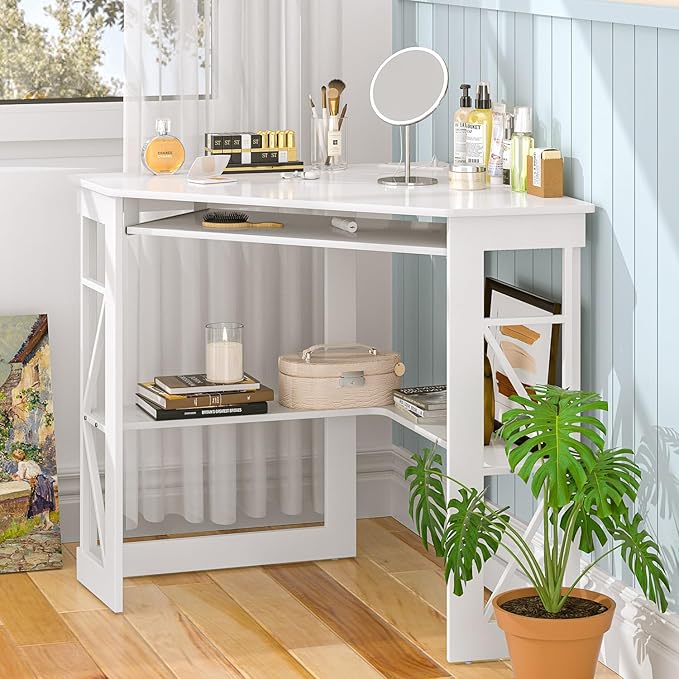 VECELO Corner Computer Desk 41x30 inches with Charging Station & Keyboard & Storage Shelves for Small Space,Triangle Table for Home Office Bedroom,White